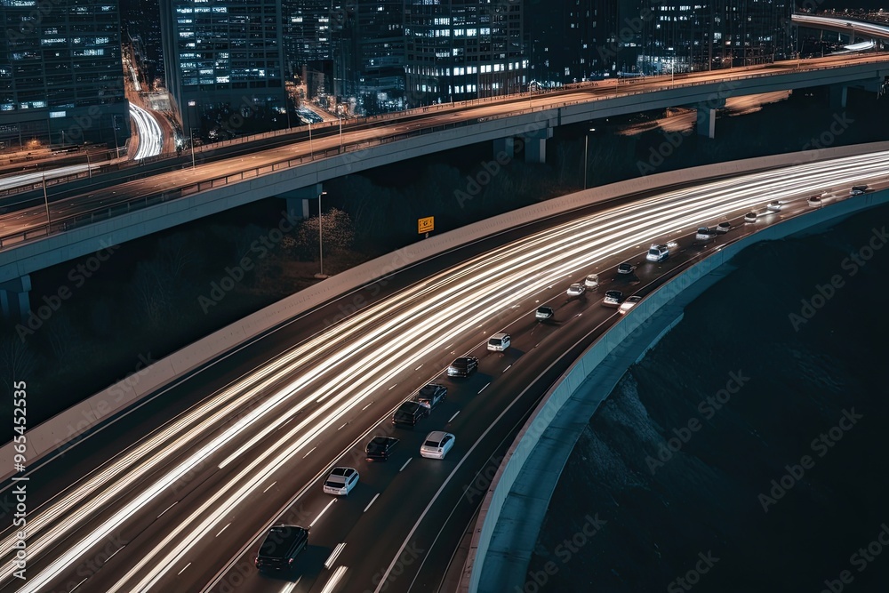 Nighttime Aerial View of Urban Highway Traffic Jam with Light Trails in City Center