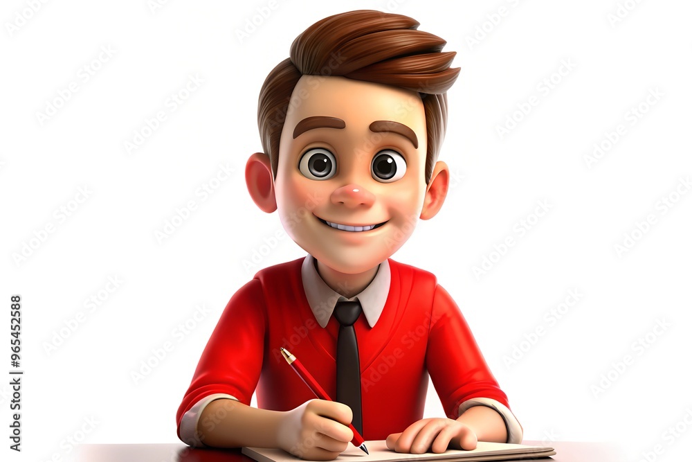 Cheerful boy writing notebook red shirt 3d cartoon character portrait artwork Cheerful boy writing notebook red shirt 3d cartoon character portrait artwork