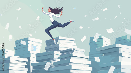 Confident Businesswoman Jumping Over Paper Stacks with Spring Representing Success