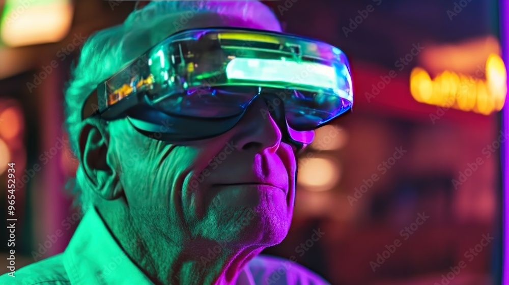 A senior man wearing a VR headset, looking into the distance with a serious expression. The lights of the city are blurred in the background. A senior man wearing a VR headset, looking into the distance with a serious expression. The lights of the city are blurred in the background.