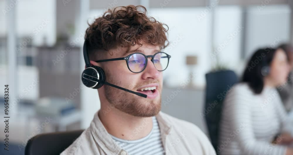 Call center, help and man with headset in office for customer service, online advice or telemarketing. Talking, contact us and consultant in discussion for communication, assistance or tech support