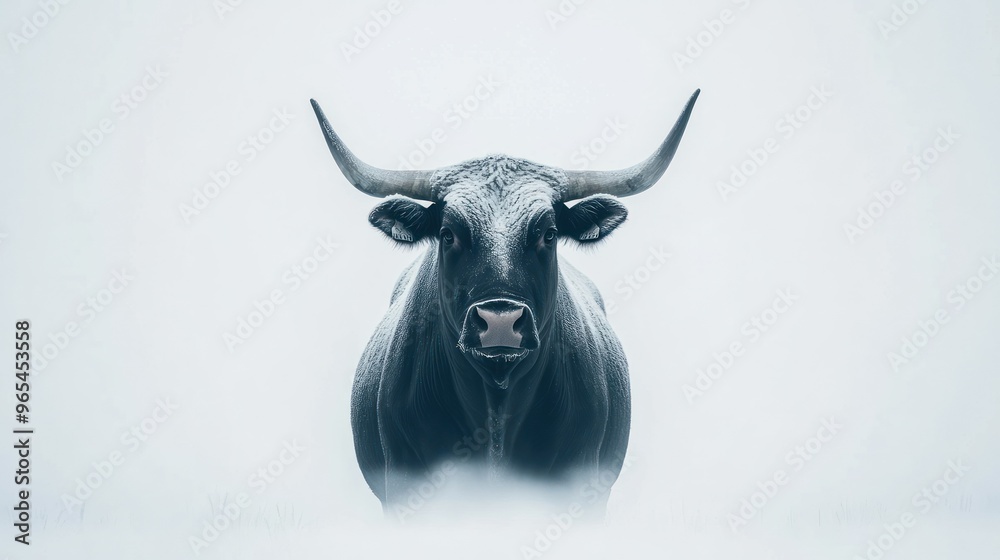 Naklejka premium Black Bull with Horns Standing in a Snowy Field