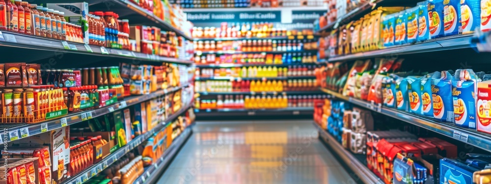 Grocery store shelves with a variety of snacks and beverages in vibrant packaging Grocery store shelves with a variety of snacks and beverages in vibrant packaging
