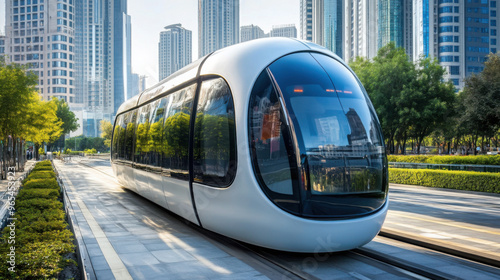 Futuristic tram in a modern city environment with tall buildings and greenery, representing advanced urban transportation photo