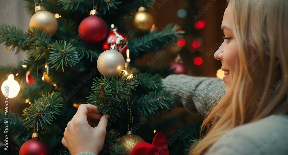 Cheerful White female arranging ornaments on Christmas tree background Cheerful White female arranging ornaments on Christmas tree background