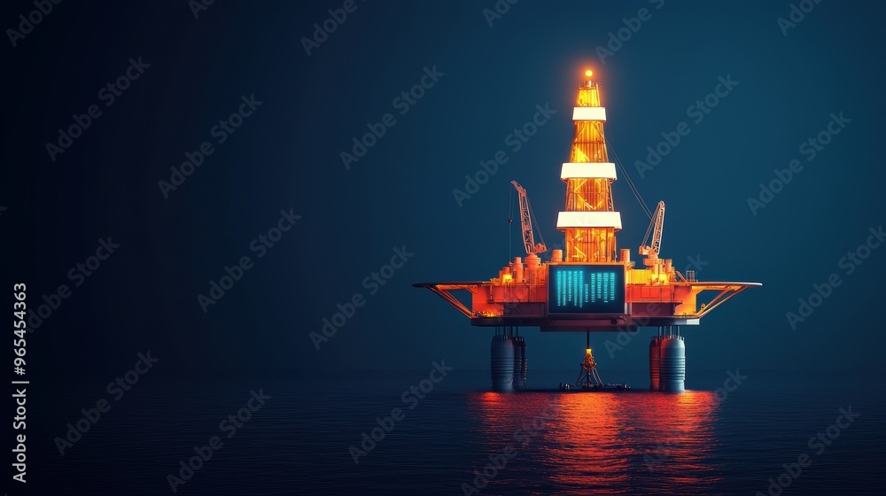 Obraz premium Futuristic Oil Drilling Platform with Holographic Energy Metrics in Dark Ocean - with Copy Space and Selective Focus