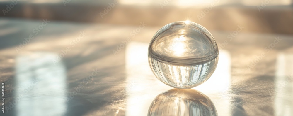 Obraz premium Glass sphere on reflective surface with sunlight