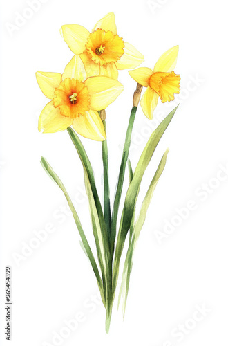 Simple watercolor bright yellow daffodils on a white background