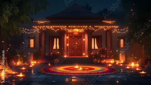 Digital Art of Diwali: a traditional Indian home decorated for Diwali, bright lights outlining the structure, colorful rangolis at the entrance, warm golden light from diyas, welcoming and festive photo