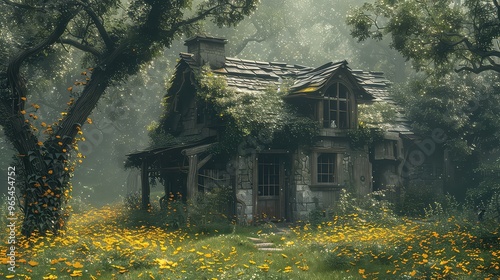 Old house in the forest with yellow flowers photo