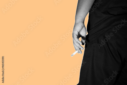 Hand of man holding cigarette pixelate color halftone dotted texture style collage element isolated on orange background