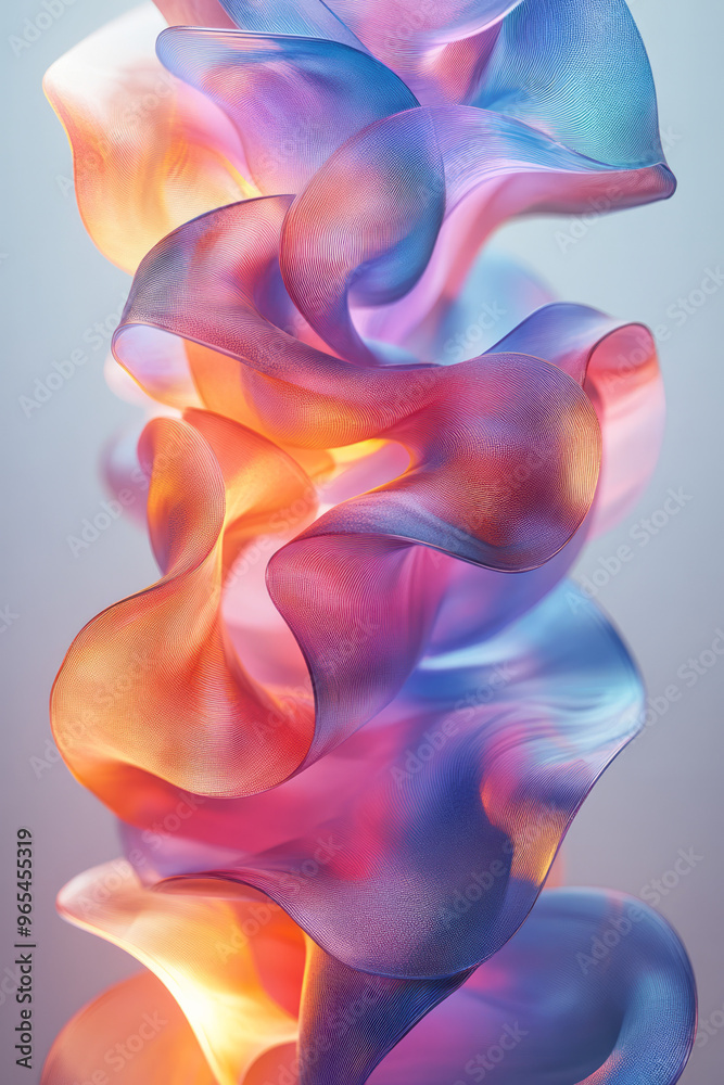 Obraz premium An arrangement of twisted, abstract 3D ribbons with soft shadows and glowing edges in vibrant teal and magenta, set against a pastel lavender background,