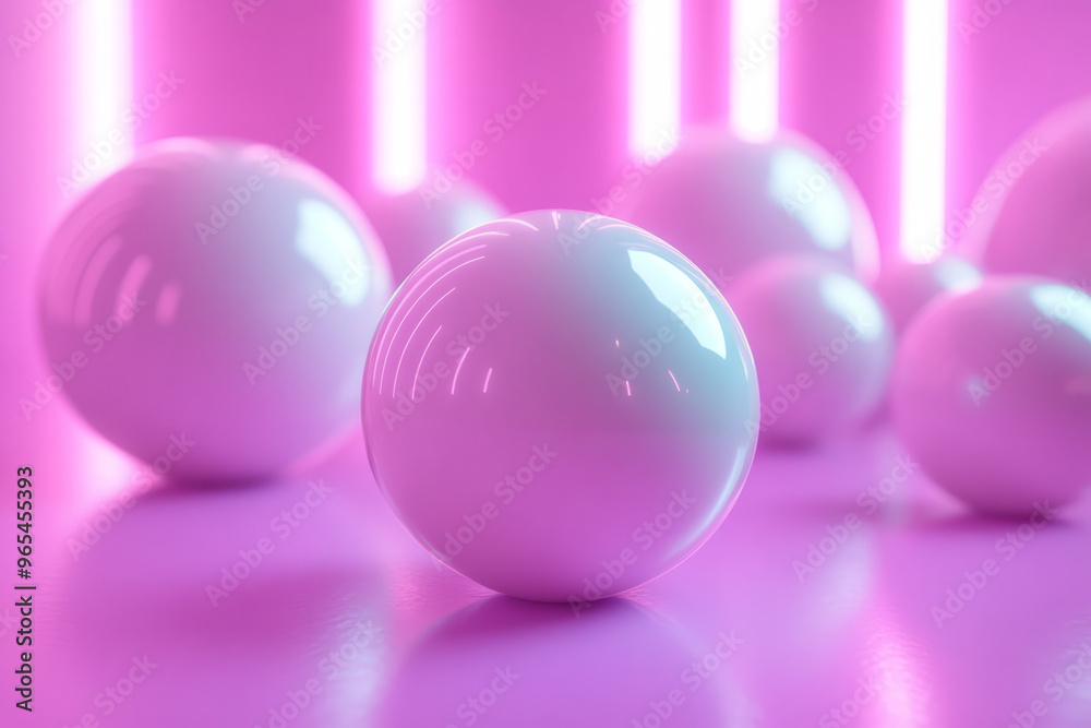 An arrangement of floating, geometric 3D spheres with soft shadows and light trails in neon green and purple, set against a pastel pink background, An arrangement of floating, geometric 3D spheres with soft shadows and light trails in neon green and purple, set against a pastel pink background,
