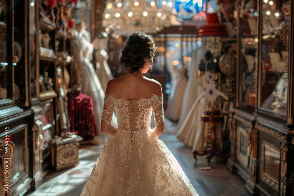 Naklejka premium A bride wearing an ornate wedding dress stands in a vintage shop filled with antiques and wedding gowns, capturing a moment of elegance and timeless beauty.