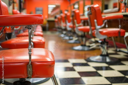 This image features the interior of a vintage barber shop with iconic red chairs arranged neatly, capturing the timeless essence and charm of traditional grooming services. photo