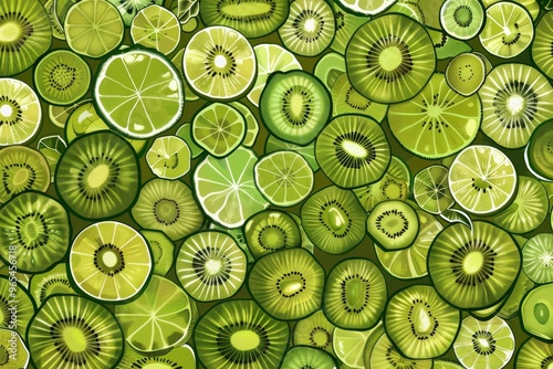 A close-up view showcasing a diverse collection of sliced citrus fruits and kiwis, displaying a palette of green hues and intricate textures for a fresh, vibrant visual effect. photo