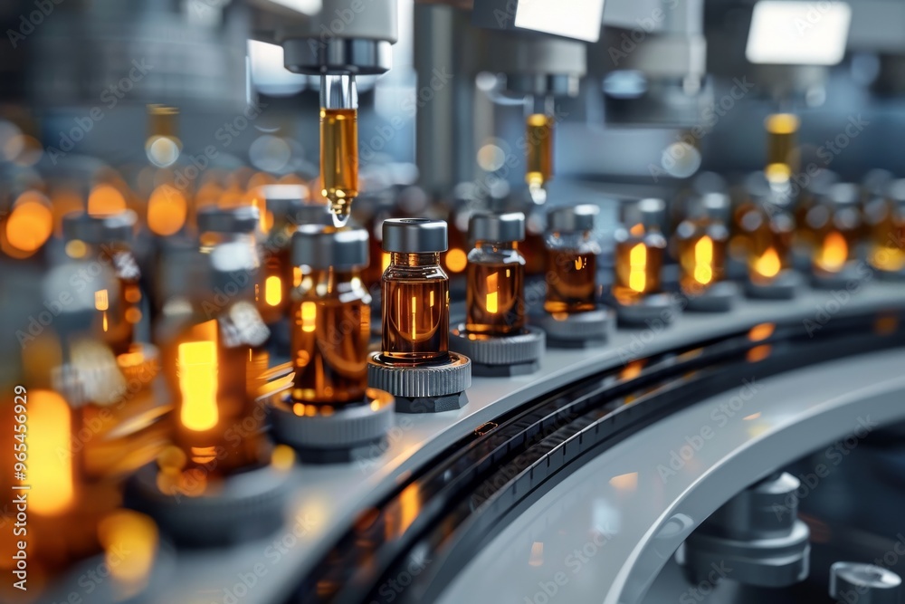 A detailed image showing a close-up view of vials being filled with liquid medication on a production line in a modern pharmaceutical manufacturing facility. A detailed image showing a close-up view of vials being filled with liquid medication on a production line in a modern pharmaceutical manufacturing facility.