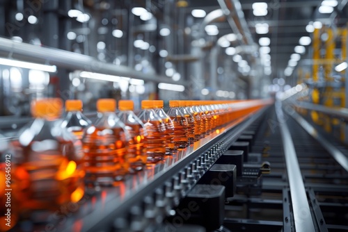 A manufacturing plant setting with a series of beverage bottles moving on a production line, emphasizing industry, automation, and efficiency in the beverage production process.