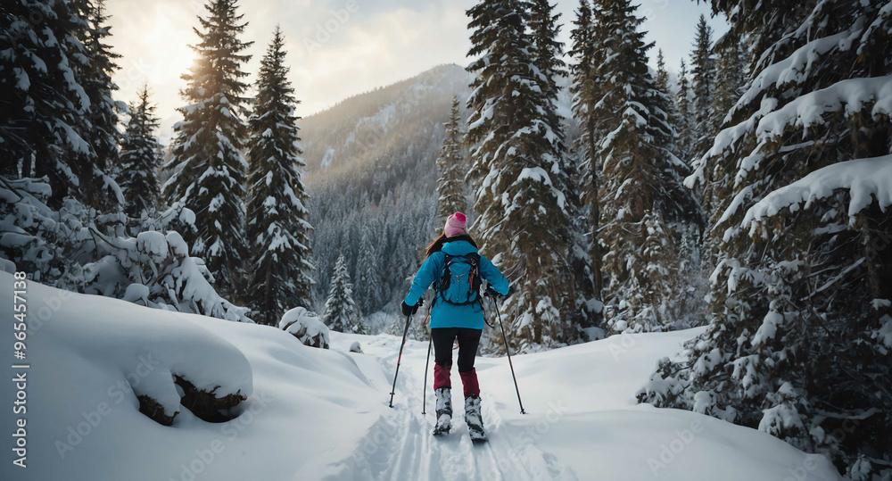 Excited Asian female snowshoeing through mountain forest background