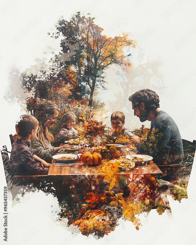 Fototapeta premium Family gathers for a meal in a forest setting, surrounded by autumn leaves.