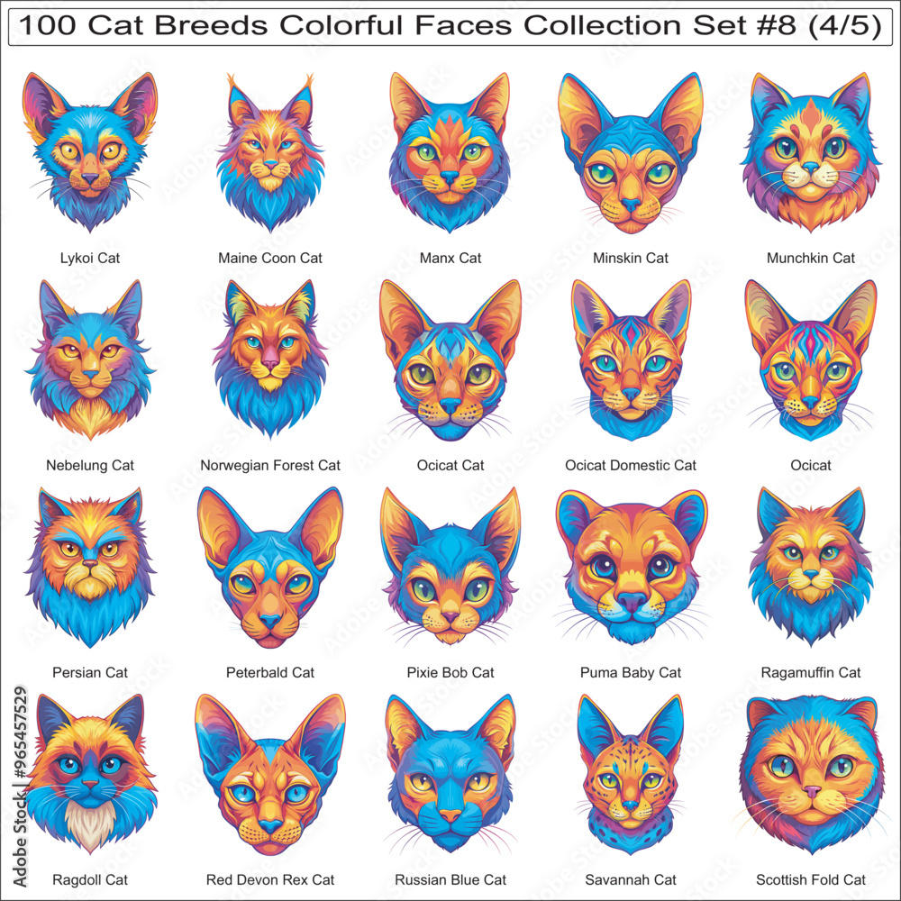 Cat Breeds Colorful Faces Collection Set of 100 Cat Faces Isolated Part 4 Cat Breeds Colorful Faces Collection Set of 100 Cat Faces Isolated Part 4