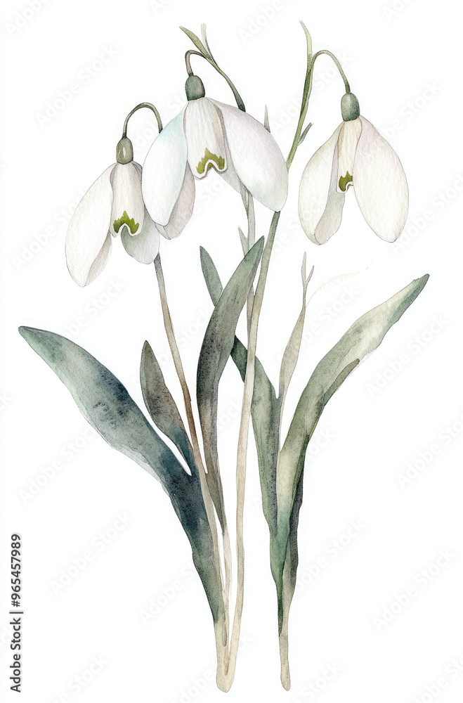 Obraz premium Simple watercolor delicate white snowdrops on a white background