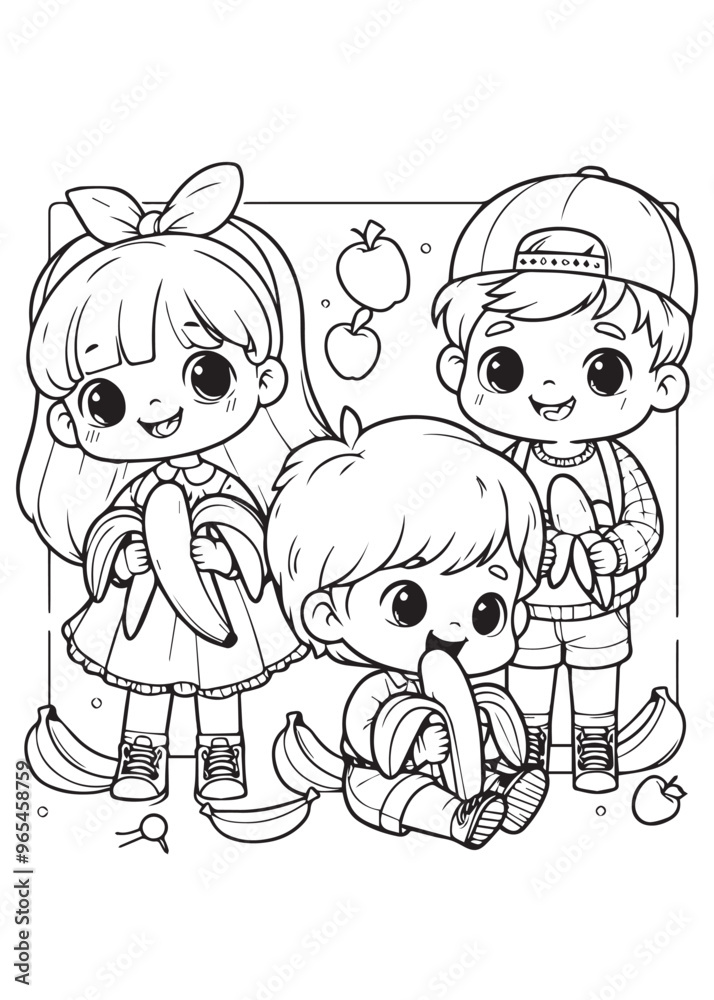 Kids eat banana together children design coloring education Kids eat banana together children design coloring education