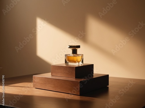  simple, polished wooden podium in a room with warm golden lighting from above, casting soft highlights on the perfume bottle, surrounded by soft shadows for a cozy, high-end display photo