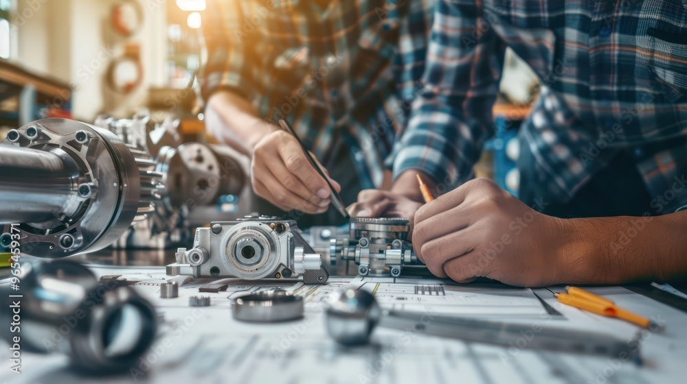 A Close-up view of engineers and technicians designing and engineering mechanical parts. Industrial engine factory, blueprints, bearing measurement, calipers, tools, industrial background. A Close-up view of engineers and technicians designing and engineering mechanical parts. Industrial engine factory, blueprints, bearing measurement, calipers, tools, industrial background.