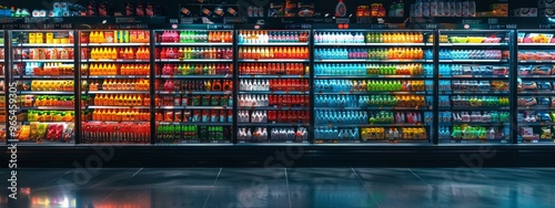 Colorful drinks and beverages in supermarket refrigeration display