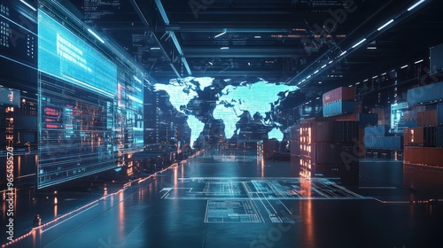 A digital freight forwarder headquarters, where holographic maps show global shipping lanes, and AI-driven algorithms optimize routes and schedules, representing the seamless integration of technology photo