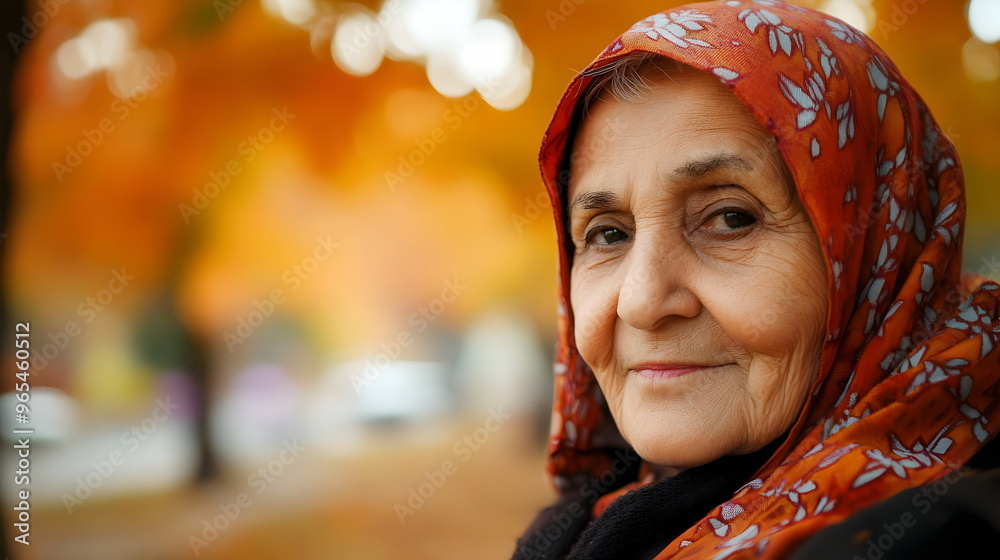 Elderly Woman Portrait Autumn Leaves Orange Scarf Smiling Expression Nature Beauty Elderly Woman Portrait Autumn Leaves Orange Scarf Smiling Expression Nature Beauty