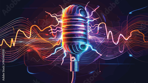 Energetic Microphone with Pulsating Audio Waves and Electric Lightnings for Music Show or Radio Station Logo