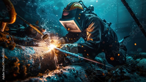 Underwater welders working at Sparks turn on lights on the seabed to repair submerged structures. Underwater welding by professional divers