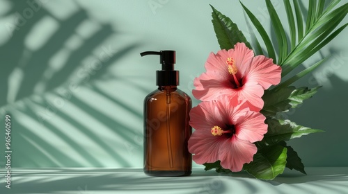 Amber pump bottle with tropical hibiscus and palm leaves in soft natural light for skincare concept photo