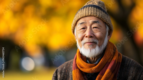 Elderly Man Smiling Autumn Park Warm Hat Beard Happiness