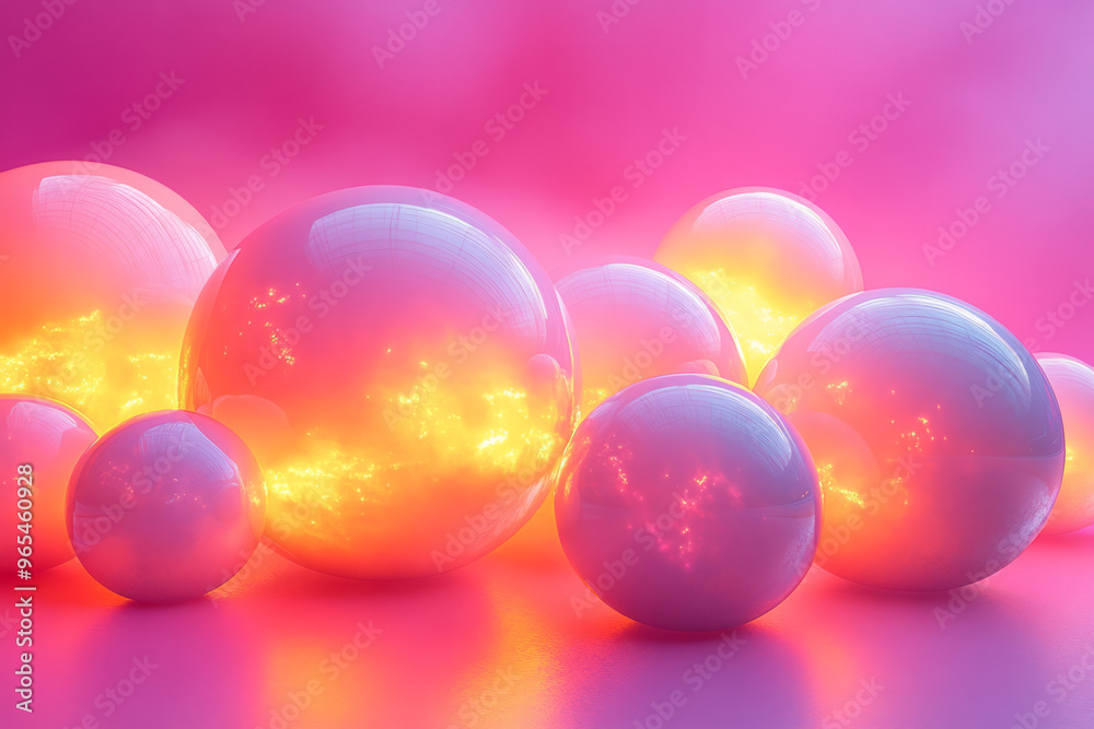 A 3D arrangement of grainy geometric spheres with glowing, diffused gradients in shades of magenta and yellow, isolated on a pastel pink background, A 3D arrangement of grainy geometric spheres with glowing, diffused gradients in shades of magenta and yellow, isolated on a pastel pink background,