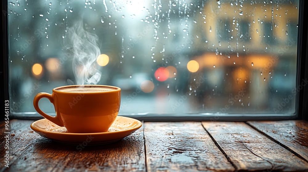 Obraz premium Rustic wooden table with a steaming cup of coffee, rain-streaked window in the background. The warm interior contrasts the cool, rainy atmosphere outside,