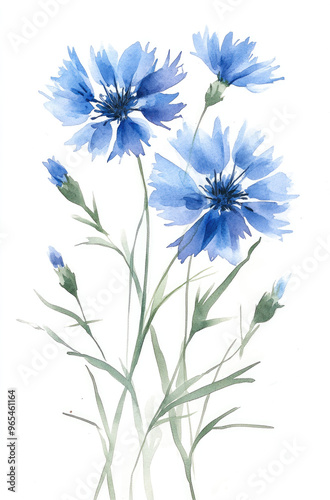 Simple watercolor soft blue cornflowers on a white background illustration