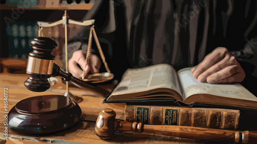 Law and Justice Concept with Lawyer's Hands Holding Hammer, Law Books, and Scale in Balance, Close-up View