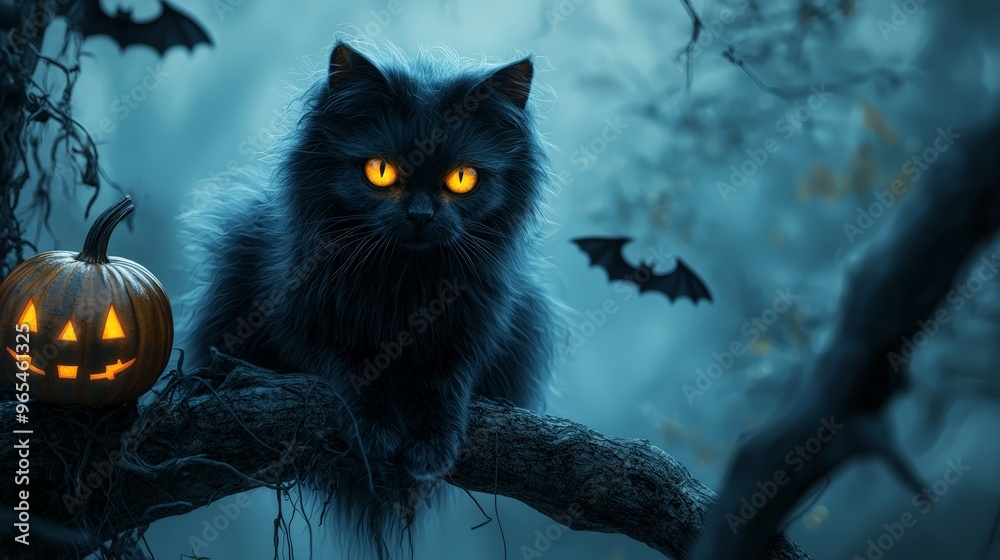 Black cat with glowing yellow eyes sitting on branch Black cat with glowing yellow eyes sitting on branch