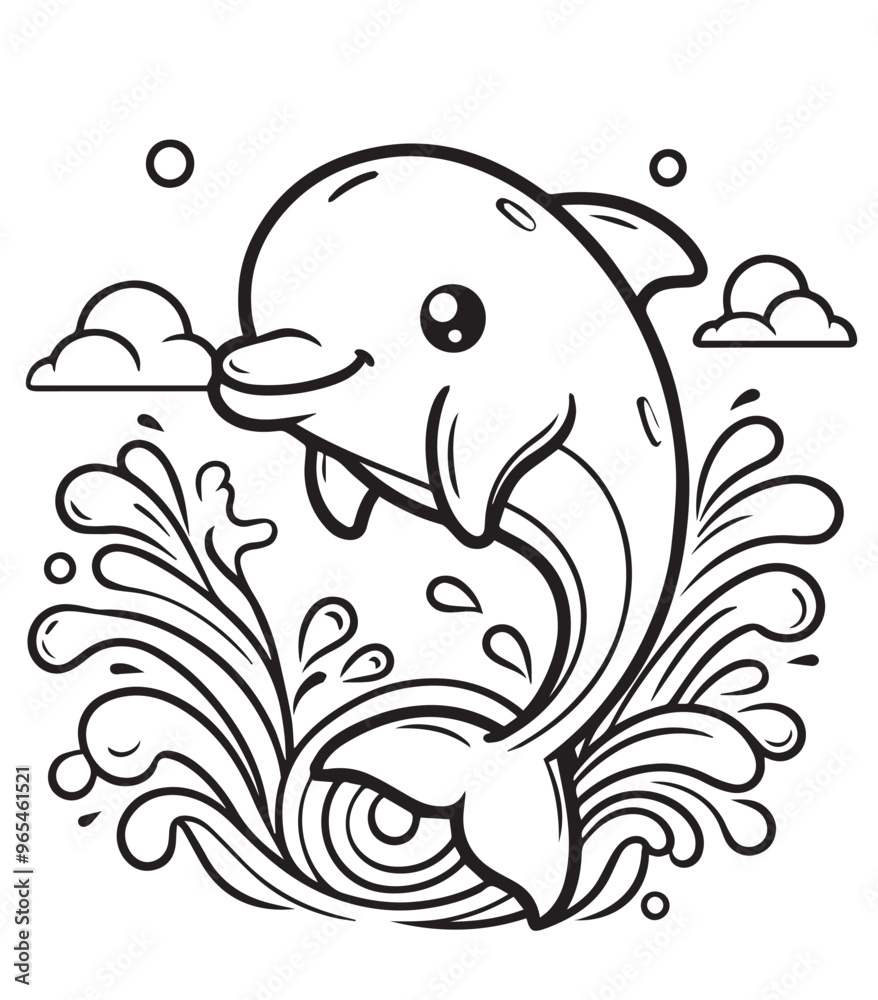 Dolphin swim with wave kid coloring design 