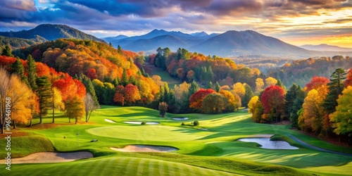 A picturesque golf course nestled among the gentle slopes of Crowders Mountain, offering breathtaking views and a serene atmosphere. photo