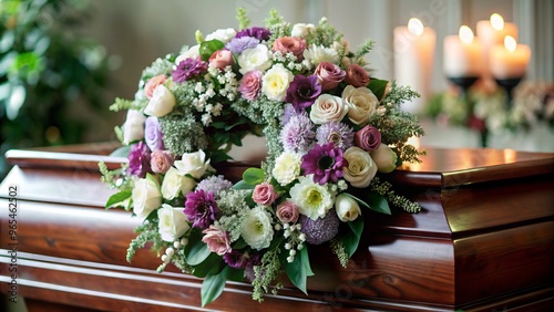 Floral funeral wreath on a polished wooden coffin, symbolizing love and remembrance..