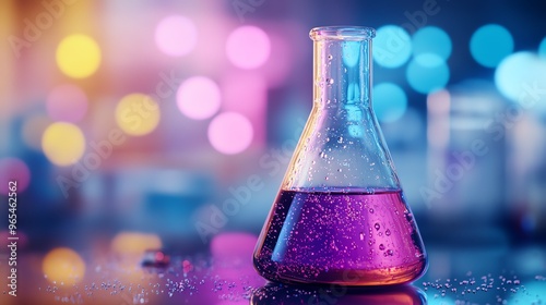 Erlenmeyer flask with colorful chemical solution, shot with a Sony Alpha 7R III and a 90mm macro lens, capturing the essence of lab experimentation photo