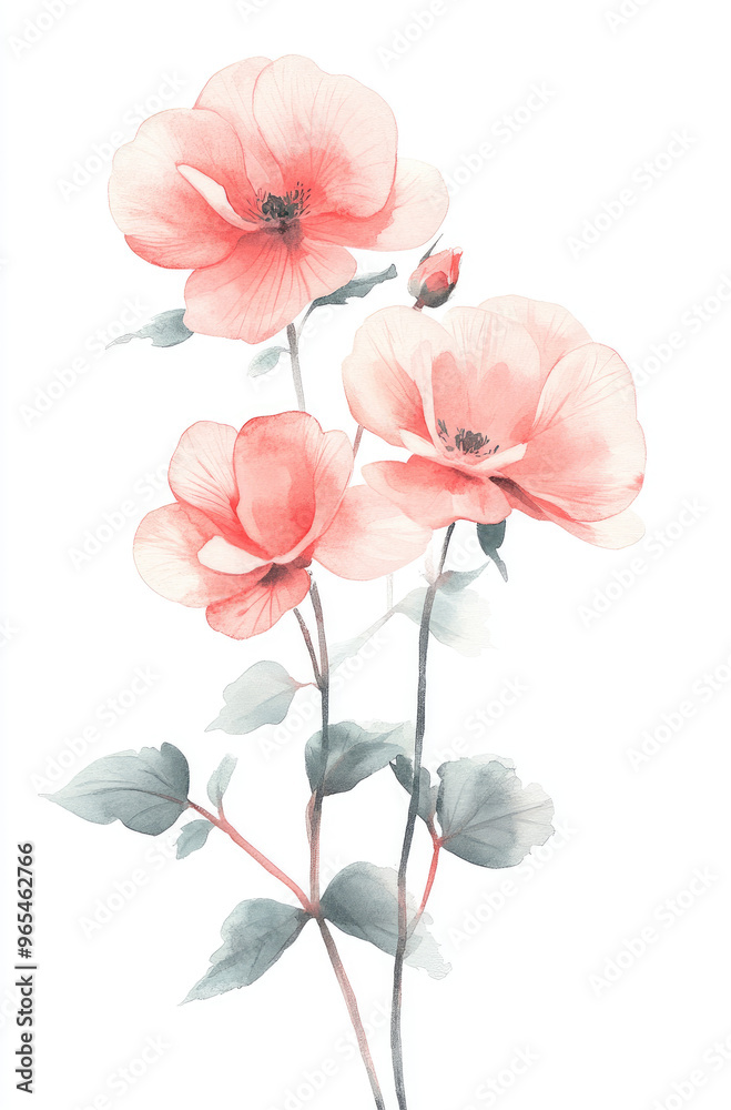 Simple watercolor soft pink begonias on a white background Simple watercolor soft pink begonias on a white background