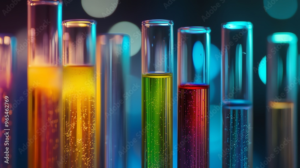 Fototapeta premium Highdefinition shot of a lab test tube, highlighted with vivid chemical solutions, taken using a Nikon D850 and 85mm lens, focusing on scientific detail