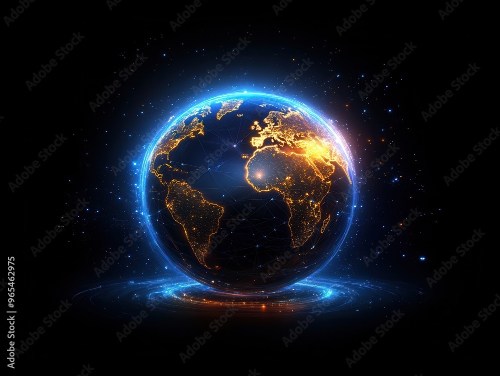 Obraz premium A stunning 3D rendering of Earth surrounded by glowing lights, representing technology and global connectivity.