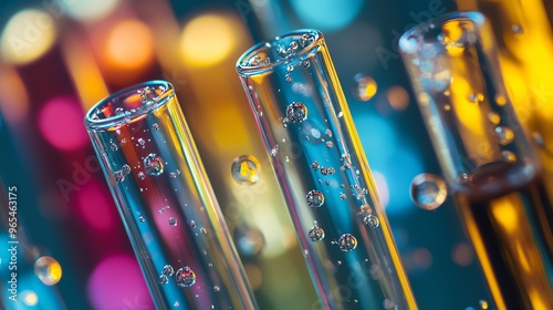 Closeup of a clear test tube with colorful liquids, photographed using a Sony Alpha 7 IV and a 100mm macro lens, highquality lab shot photo