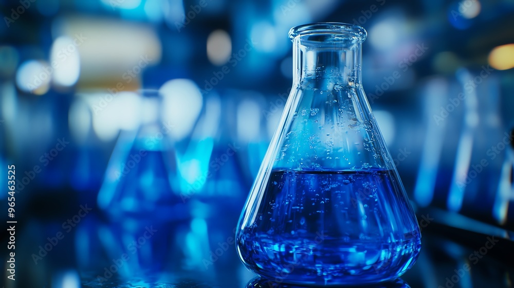Closeup of an Erlenmeyer flask filled with blue liquid, captured with a Fujifilm GFX 100S and 120mm macro lens, highlighting lab research with stunning detail Closeup of an Erlenmeyer flask filled with blue liquid, captured with a Fujifilm GFX 100S and 120mm macro lens, highlighting lab research with stunning detail